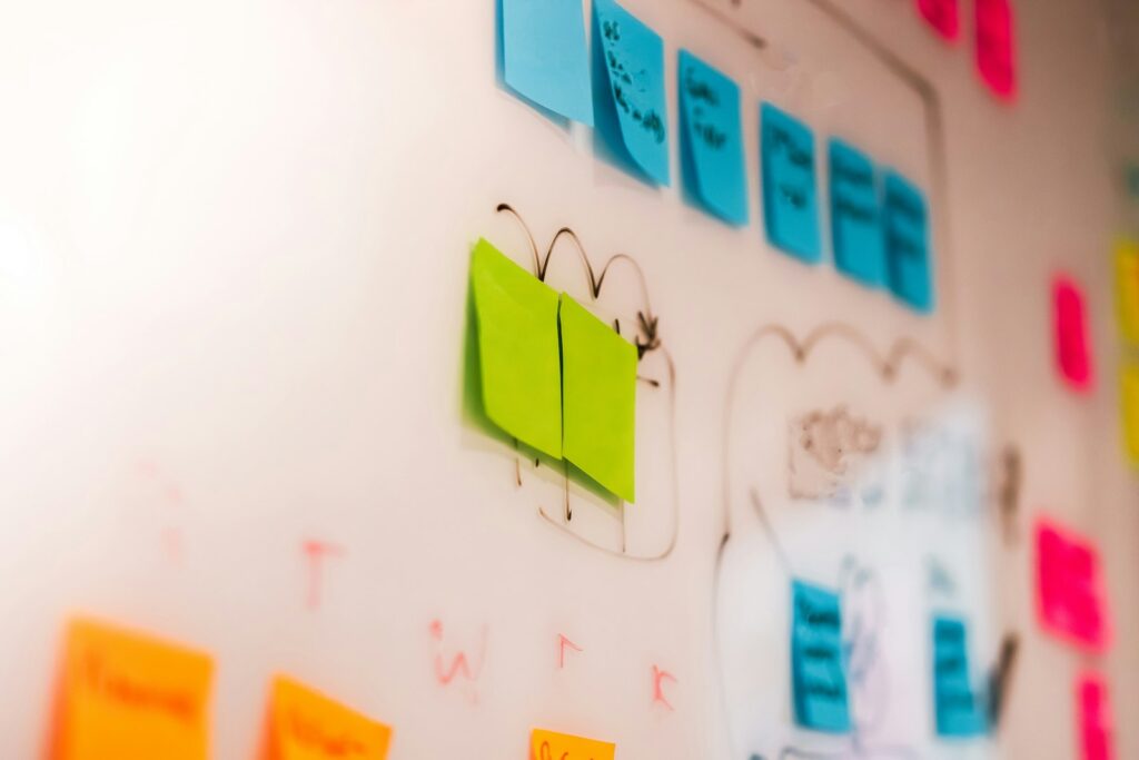 Serial Entrepreneur plant den Neustart: Wand voller Haftnotizen aus einer Planungsrunde