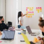 Team arbeitet an einer Wand mit Haftnotizen