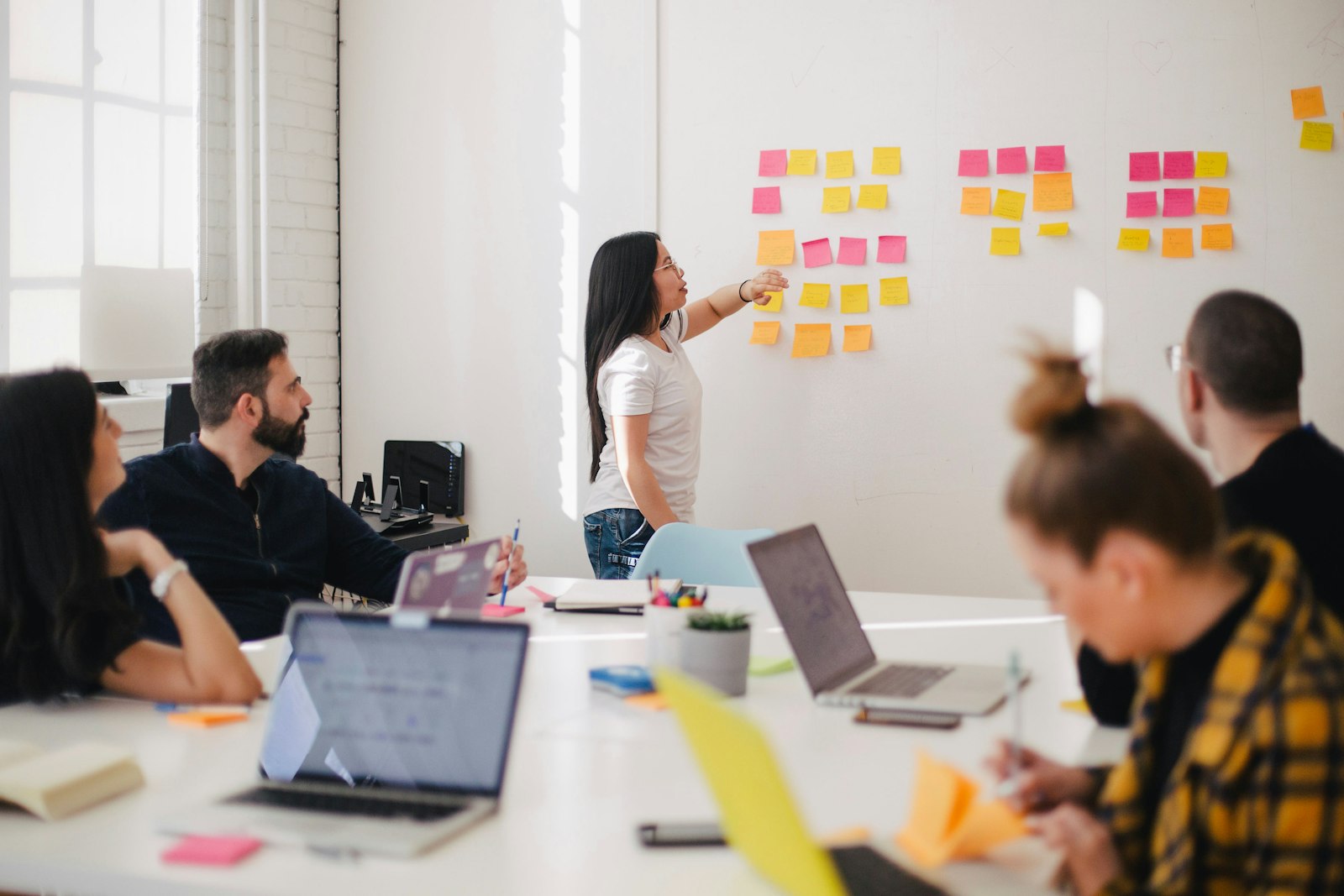 Team arbeitet an einer Wand mit Haftnotizen
