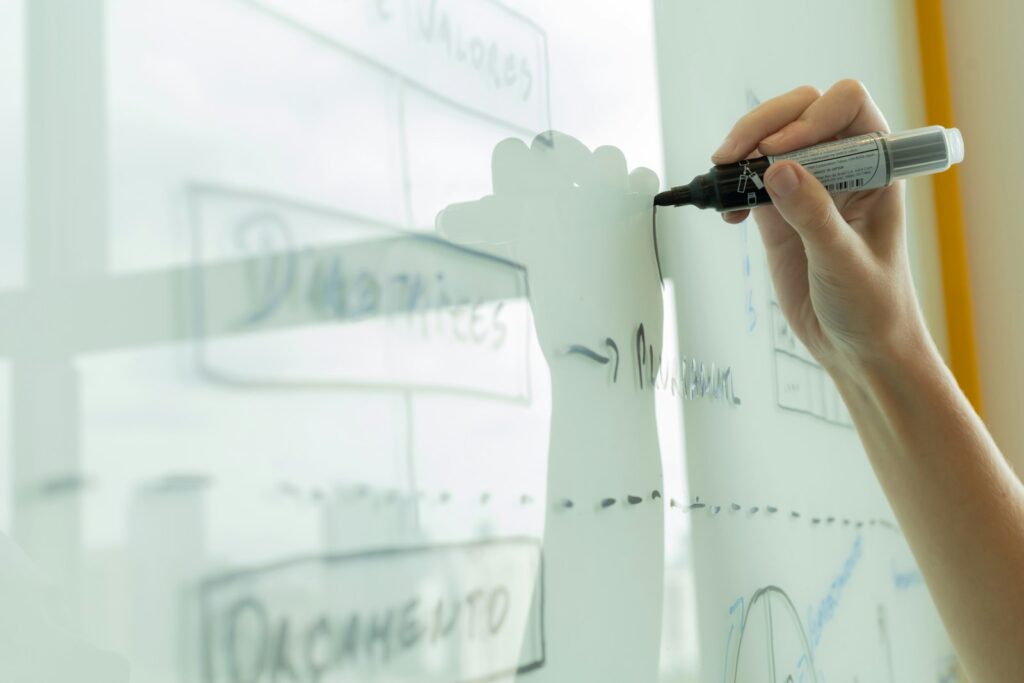 OKR-Methode im Team: Hand zeichnet ein Diagramm mit Zielen auf ein Whiteboard